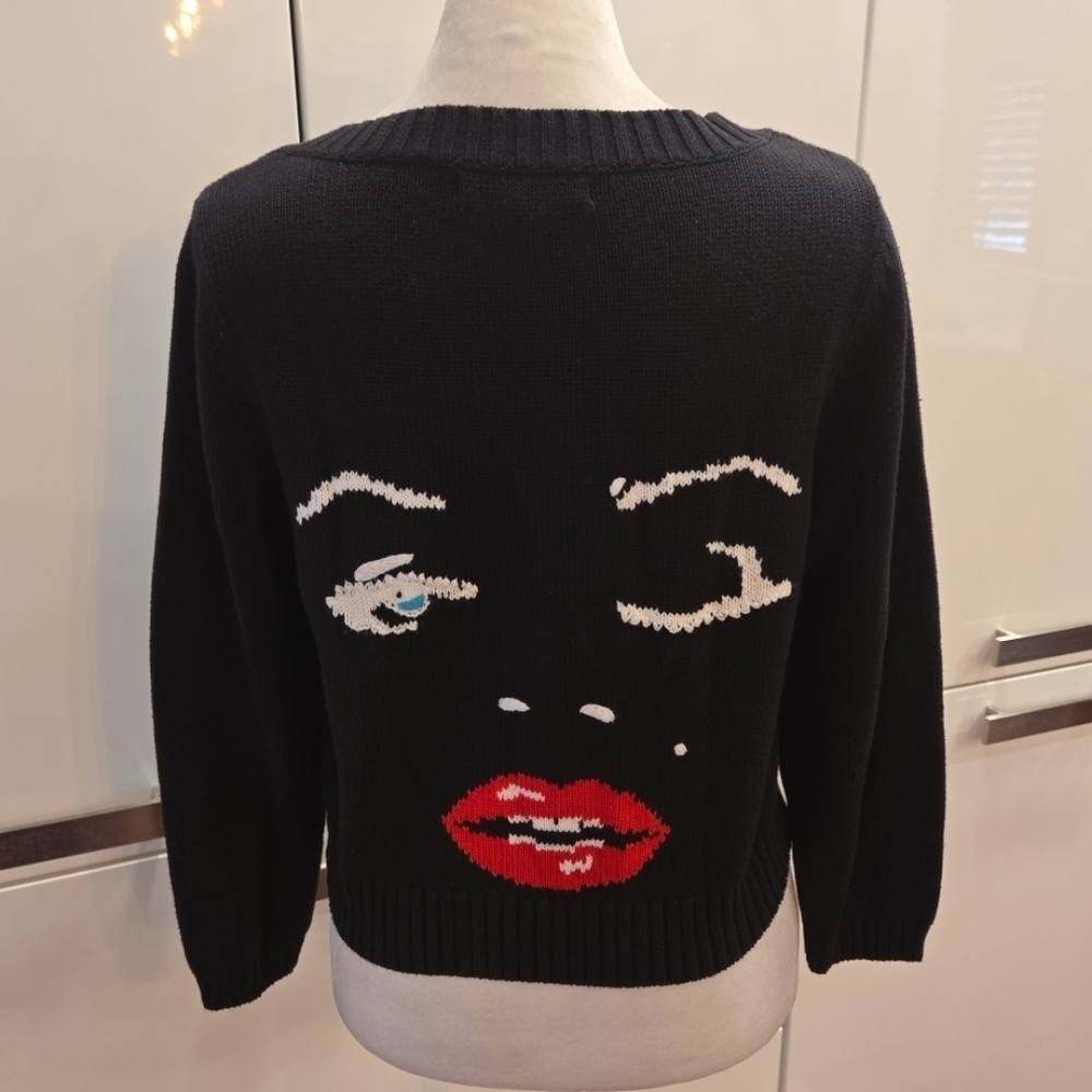 VTG Betsey Johnson Marilyn Monroe Wink Face Black Cardigan Y2K Large